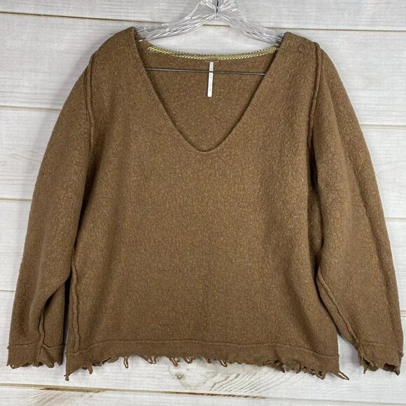 Free People Irresistible Sweater Womens  V-Neck Fringe Wool Linen Stretch - Picture 1 of 6